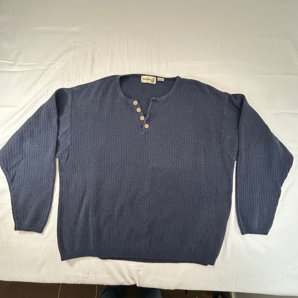 Fieldmaster Mens XL Navy Blue Ribbed 100% Cotton Button Henley Sweater Vintage